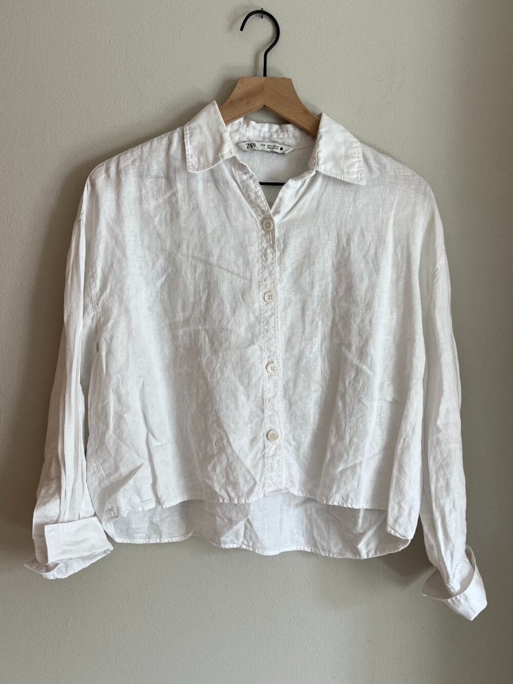 Zara 100% Linen Cropped Button-up Shirt